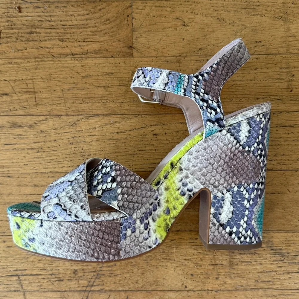 Kate Spade Snake-Print Platform Sandals in Neon Teal and Yellow